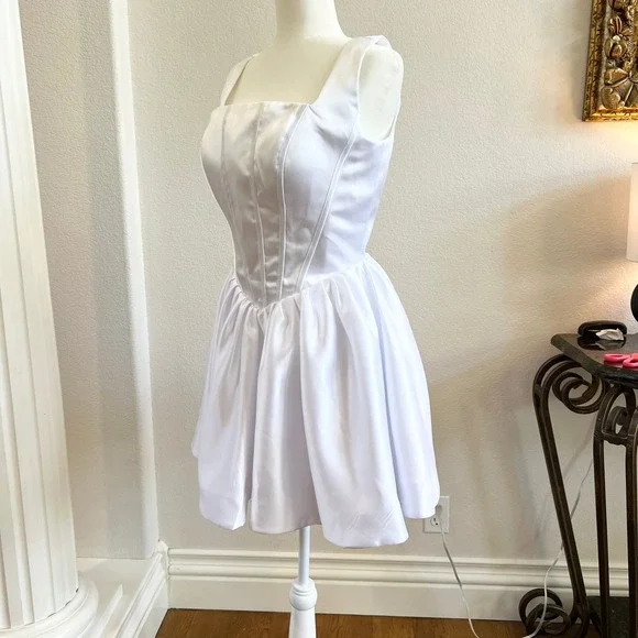 White Satin Corset Fit and Flare Mini Dress Bachelorette Party Bridal Graduation - Picture 4 of 13